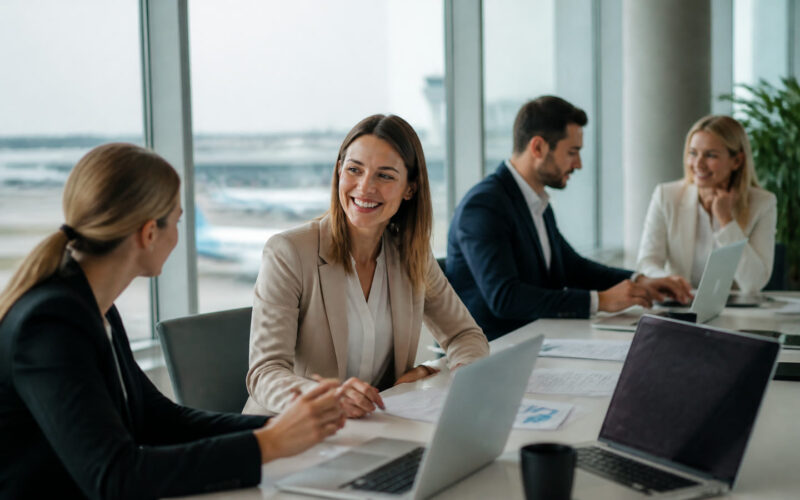Fotorealistisches Beitragsbild zu "Arbeiten in einem modernen Büro am Flughafen Frankfurt am Main" mit Österreich-Bezug