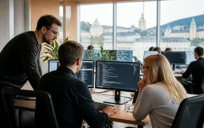 Fotorealistisches Beitragsbild zu "Wie Cybersicherheit die Webentwicklung beeinflusst" mit Österreich-Bezug