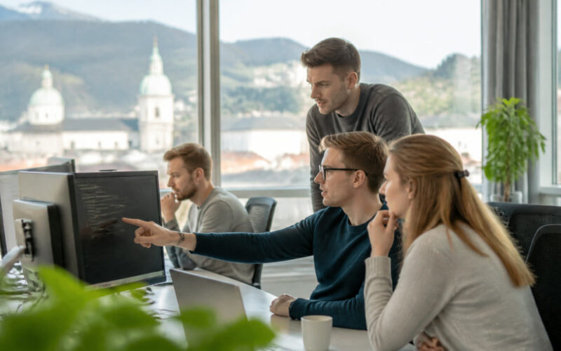 Fotorealistisches Beitragsbild zu "Webentwickler werden: Wie man in die IT-Branche einsteigt" mit Österreich-Bezug