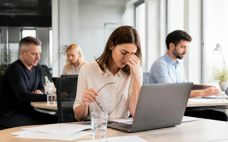 Fotorealistisches Beitragsbild zu "Bildschirmarbeit: Tipps und Tricks, um Augenmüdigkeit vorzubeugen" mit Österreich-Bezug