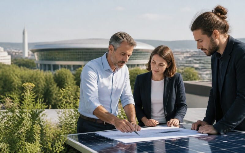 Fotorealistisches Beitragsbild zu "Revolutionär und nachhaltig: Wiens Eishockey-Arena wird zum Solar-Wunder!" mit Österreich-Bezug