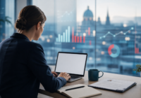 Person arbeitet am Laptop an Bewerbungsunterlagen in modernem Büro; abstrakte Arbeitsmarkt- und Trendgrafik im Hintergrund
