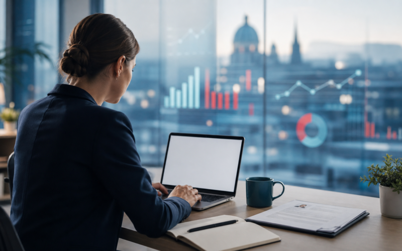 Person arbeitet am Laptop an Bewerbungsunterlagen in modernem Büro; abstrakte Arbeitsmarkt- und Trendgrafik im Hintergrund