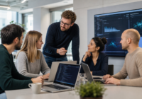 IT-Team in einem modernen österreichischen Büro bespricht Daten und Code auf mehreren Bildschirmen