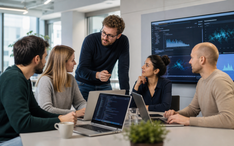 IT-Team in einem modernen österreichischen Büro bespricht Daten und Code auf mehreren Bildschirmen