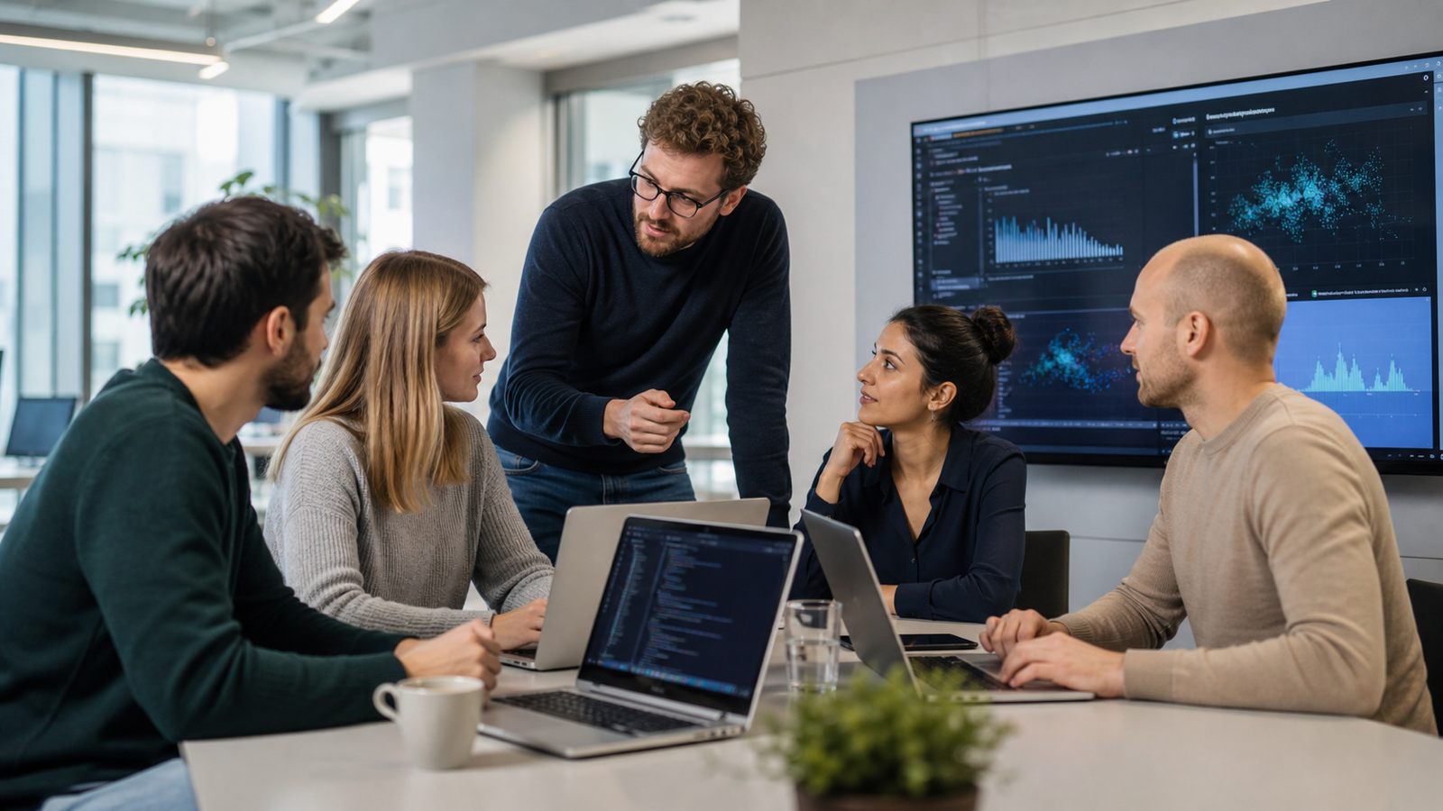 IT-Team in einem modernen österreichischen Büro bespricht Daten und Code auf mehreren Bildschirmen