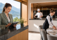 Tourismus-Team in einem österreichischen Hotel bereitet Rezeption und Restaurant für die Sommersaison vor