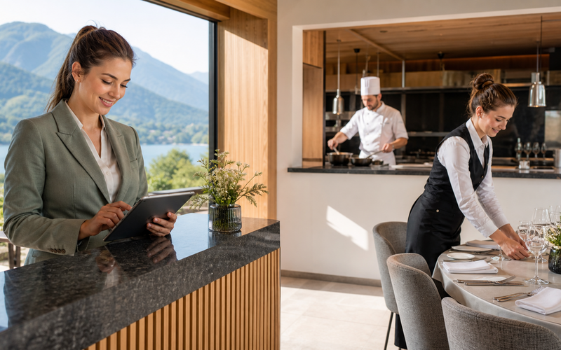 Tourismus-Team in einem österreichischen Hotel bereitet Rezeption und Restaurant für die Sommersaison vor