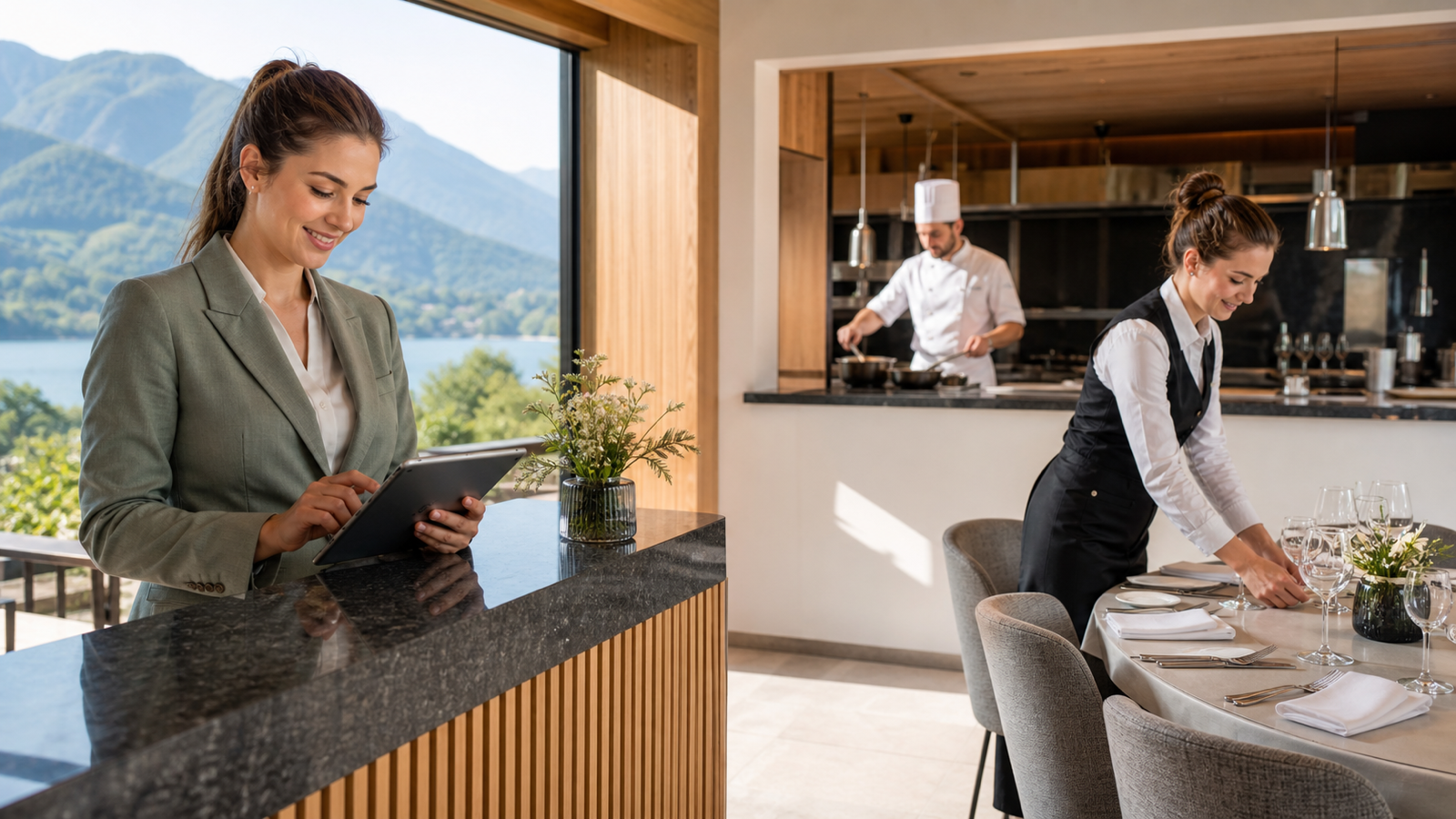 Tourismus-Team in einem österreichischen Hotel bereitet Rezeption und Restaurant für die Sommersaison vor