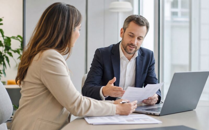 Zwei Personen besprechen in einem modernen österreichischen Büro Gehaltsunterlagen und ein Stellenangebot