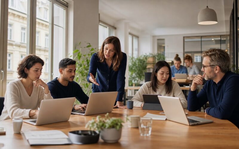 Beschäftigte in einem österreichischen Büro besprechen KI-Anwendungen im Arbeitsalltag