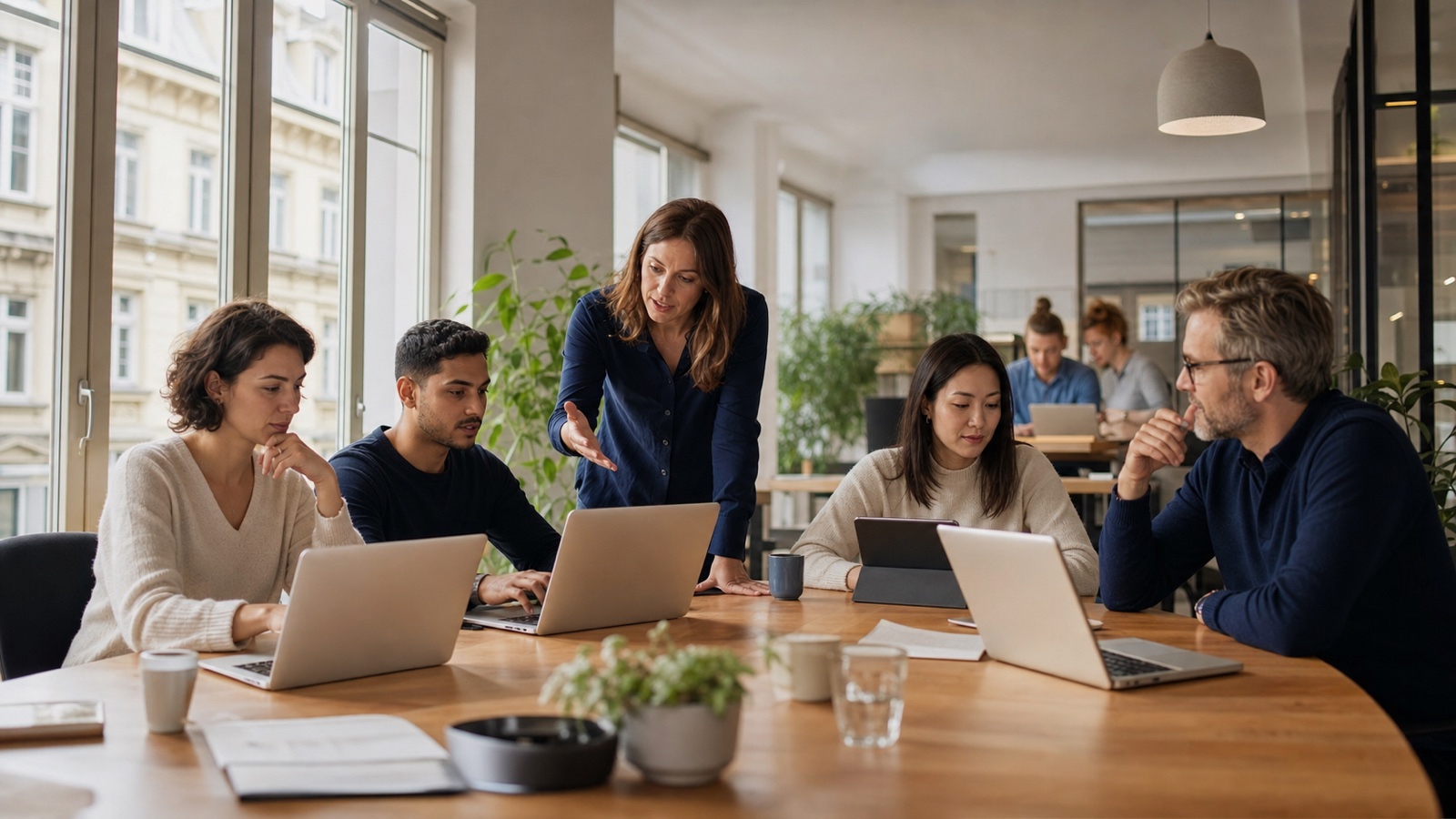 Beschäftigte in einem österreichischen Büro besprechen KI-Anwendungen im Arbeitsalltag