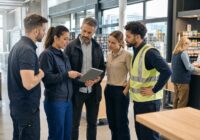 Mitarbeitende in Logistik, Handel und Service besprechen Arbeitsplanung in einem österreichischen Betrieb