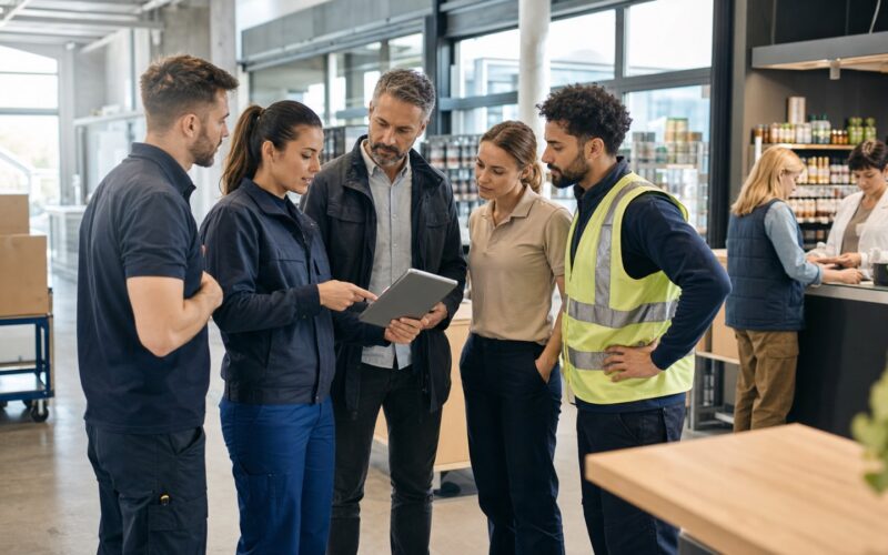 Mitarbeitende in Logistik, Handel und Service besprechen Arbeitsplanung in einem österreichischen Betrieb