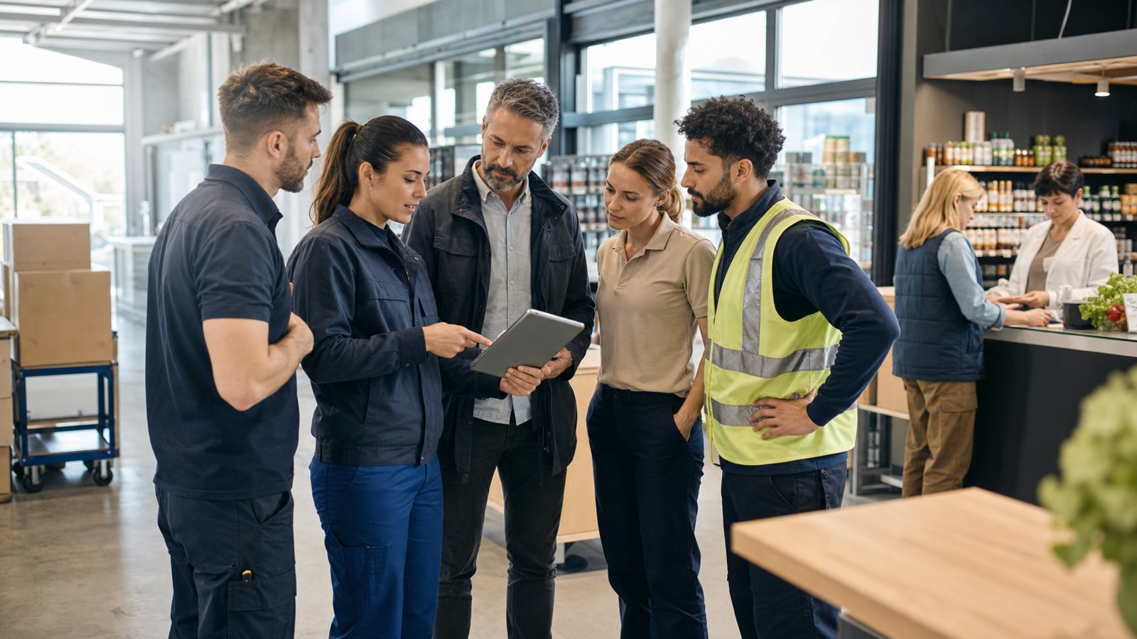 Mitarbeitende in Logistik, Handel und Service besprechen Arbeitsplanung in einem österreichischen Betrieb