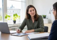 Beschäftigte plant Weiterbildung mit Unterlagen und Laptop in einem österreichischen Büro