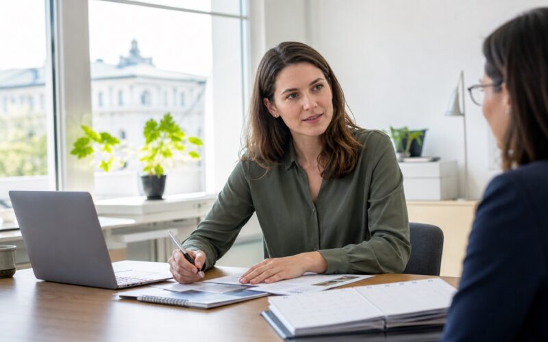 Beschäftigte plant Weiterbildung mit Unterlagen und Laptop in einem österreichischen Büro