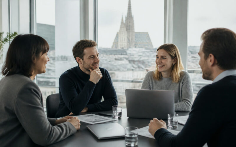 Fotorealistisches Beitragsbild zu "So mieten Sie einfach ein Büro in Wien" mit Österreich-Bezug