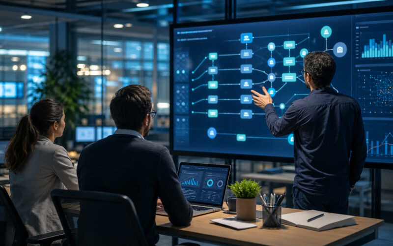 Business-Team analysiert automatisierte KI-Workflows auf großen Bildschirmen