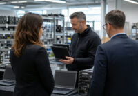 IT-Remarketing-Team prüft refurbished Laptops und Servertechnik in einem modernen Betrieb