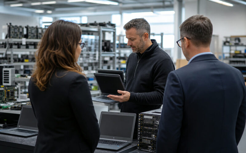 IT-Remarketing-Team prüft refurbished Laptops und Servertechnik in einem modernen Betrieb