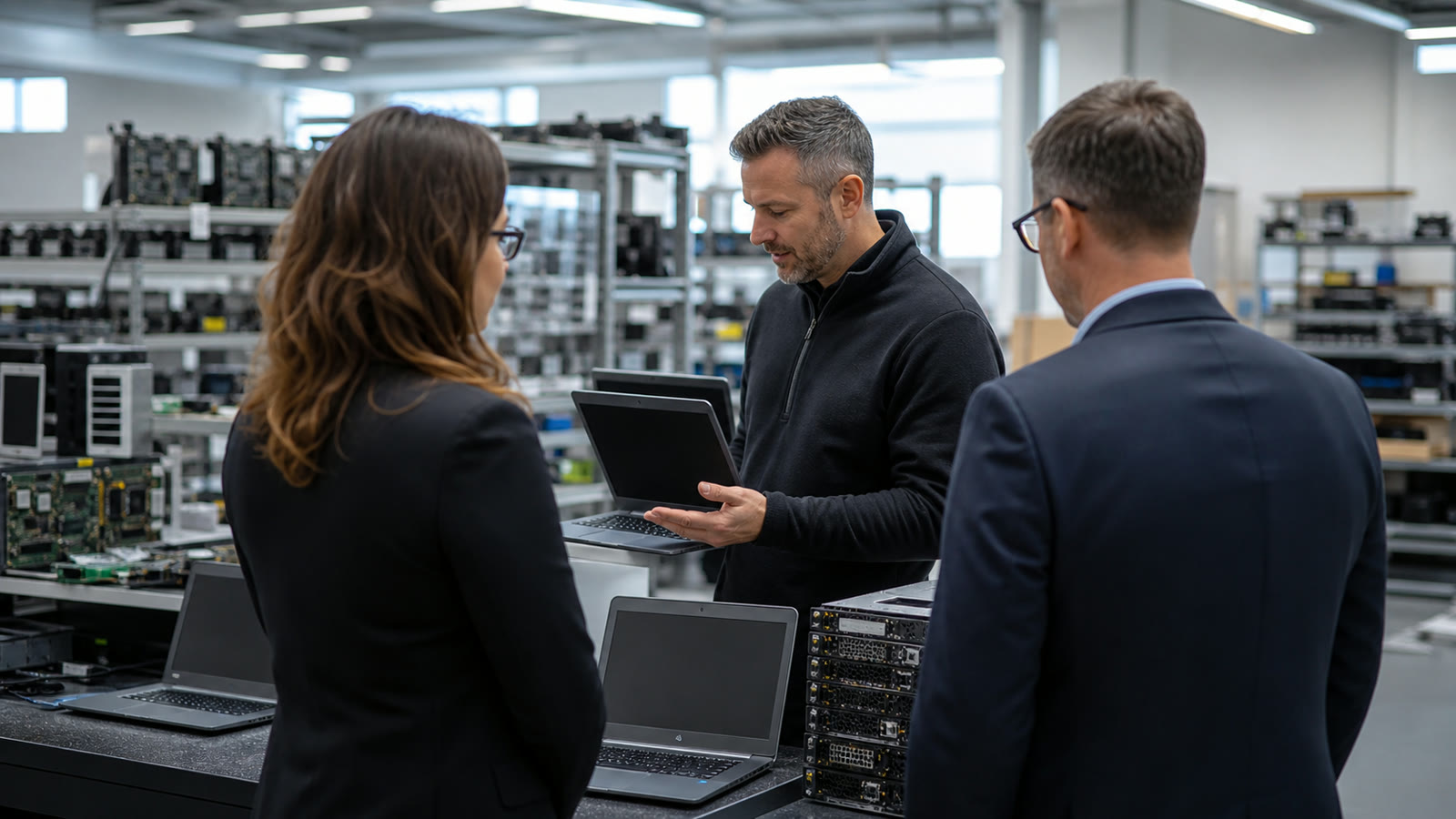 IT-Remarketing-Team prüft refurbished Laptops und Servertechnik in einem modernen Betrieb