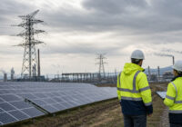 Ingenieure kontrollieren Solaranlage und Energieinfrastruktur in Europa