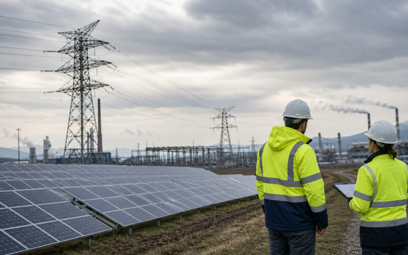 Ingenieure kontrollieren Solaranlage und Energieinfrastruktur in Europa