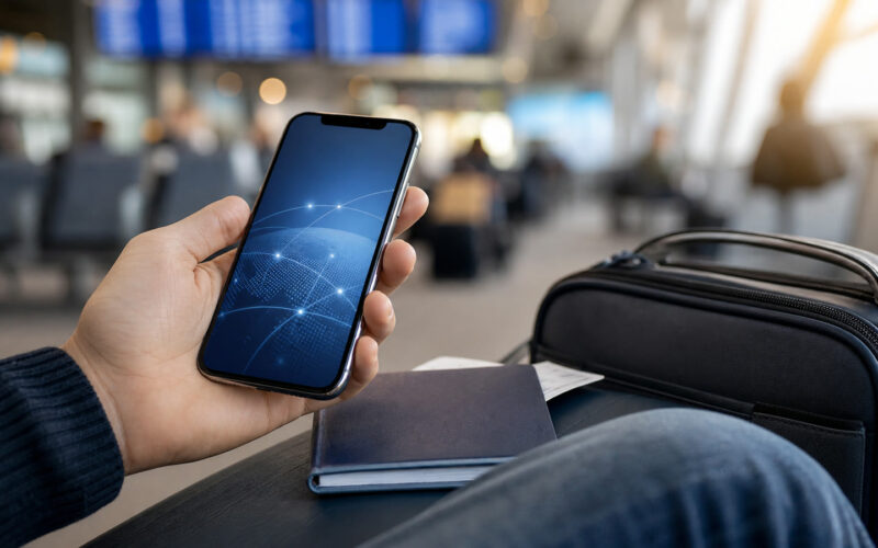 Reisender richtet eSIM und mobile Daten am Smartphone im Terminal ein