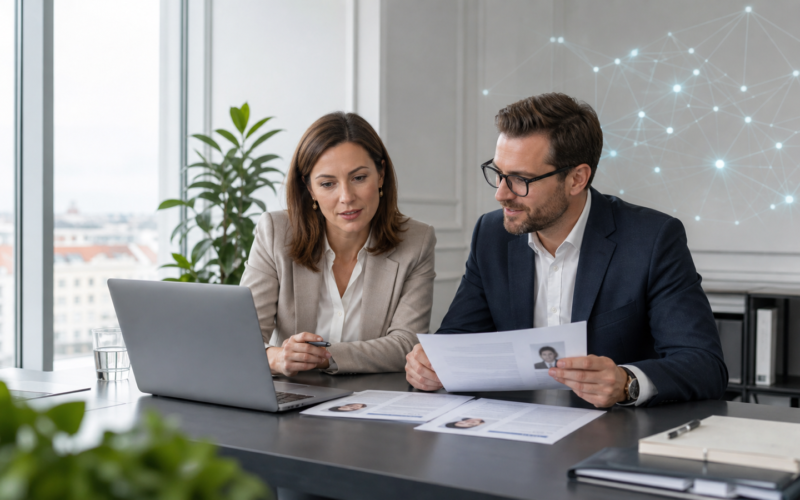 HR-Team in Österreich prüft Bewerbungen mit KI-Unterstützung – Symbolbild für EU AI Act im Recruiting