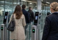 Reisende passieren moderne biometrische Grenzkontrolle am Flughafen Wien