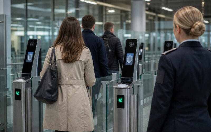 Reisende passieren moderne biometrische Grenzkontrolle am Flughafen Wien