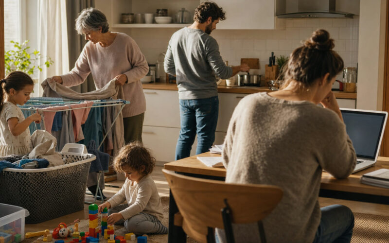 Familie teilt Kinderbetreuung und Sorgearbeit in einer österreichischen Wohnung