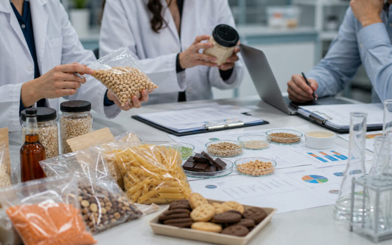 Lebensmittelexperten prüfen Zutaten und Produktproben in einem modernen Labor