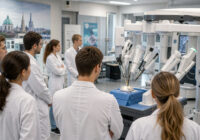 Medizinstudierende beobachten einen chirurgischen Trainingsroboter im Workshop