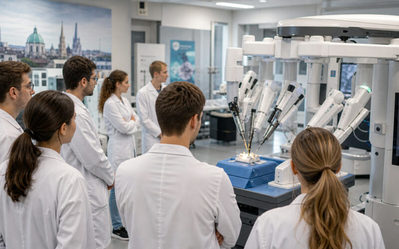 Medizinstudierende beobachten einen chirurgischen Trainingsroboter im Workshop