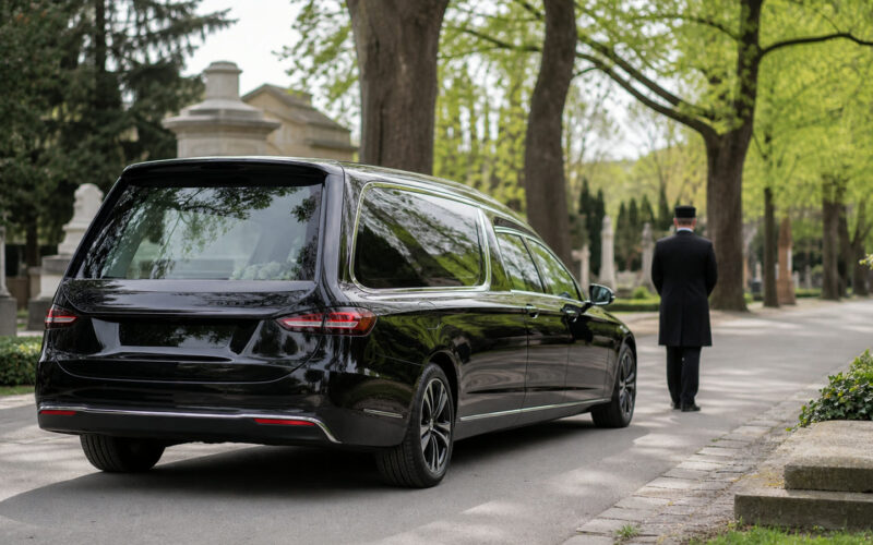 Elektrischer Leichenwagen auf einem ruhigen Wiener Friedhofsweg
