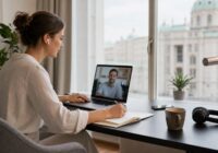 Beschäftigte arbeitet in einer österreichischen Wohnung per Videocall im Homeoffice