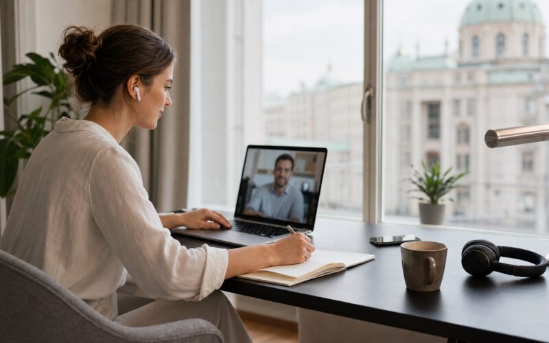 Beschäftigte arbeitet in einer österreichischen Wohnung per Videocall im Homeoffice