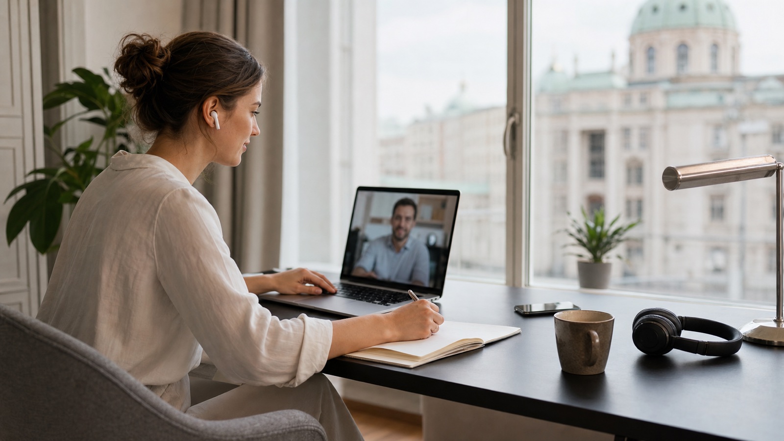 Beschäftigte arbeitet in einer österreichischen Wohnung per Videocall im Homeoffice