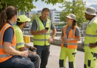 Beschäftigte erhalten bei Sommerhitze eine Hitzeschutz-Unterweisung an einem österreichischen Arbeitsplatz im Freien