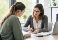 Arbeitsuchende Person bespricht geringfügigen Zuverdienst mit einer Beraterin in einem österreichischen Büro