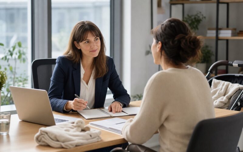 Elternteil bespricht den Wiedereinstieg nach der Karenz mit einer Personalverantwortlichen in einem österreichischen Büro