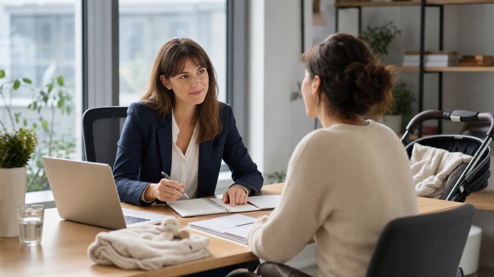 Elternteil bespricht den Wiedereinstieg nach der Karenz mit einer Personalverantwortlichen in einem österreichischen Büro