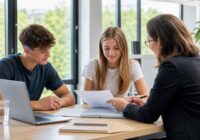 Schüler und Studentin besprechen Bewerbungsunterlagen für einen Ferialjob mit einer Beraterin in einem österreichischen Büro