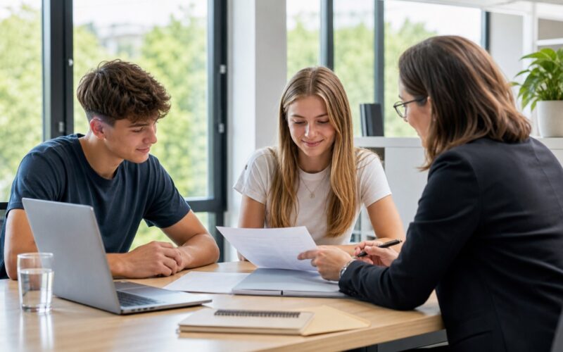 Schüler und Studentin besprechen Bewerbungsunterlagen für einen Ferialjob mit einer Beraterin in einem österreichischen Büro