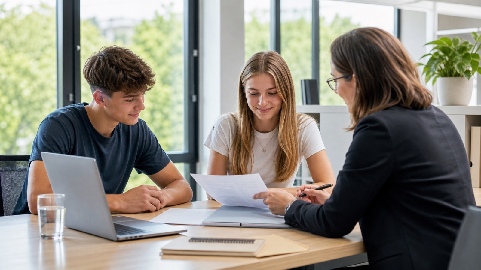 Schüler und Studentin besprechen Bewerbungsunterlagen für einen Ferialjob mit einer Beraterin in einem österreichischen Büro