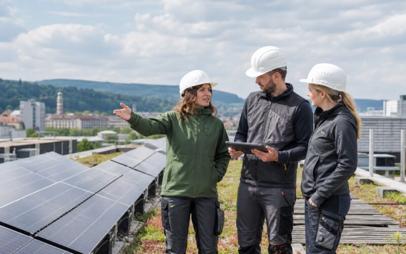 Fachkräfte besprechen eine Photovoltaik-Anlage auf einem begrünten Dach in Österreich