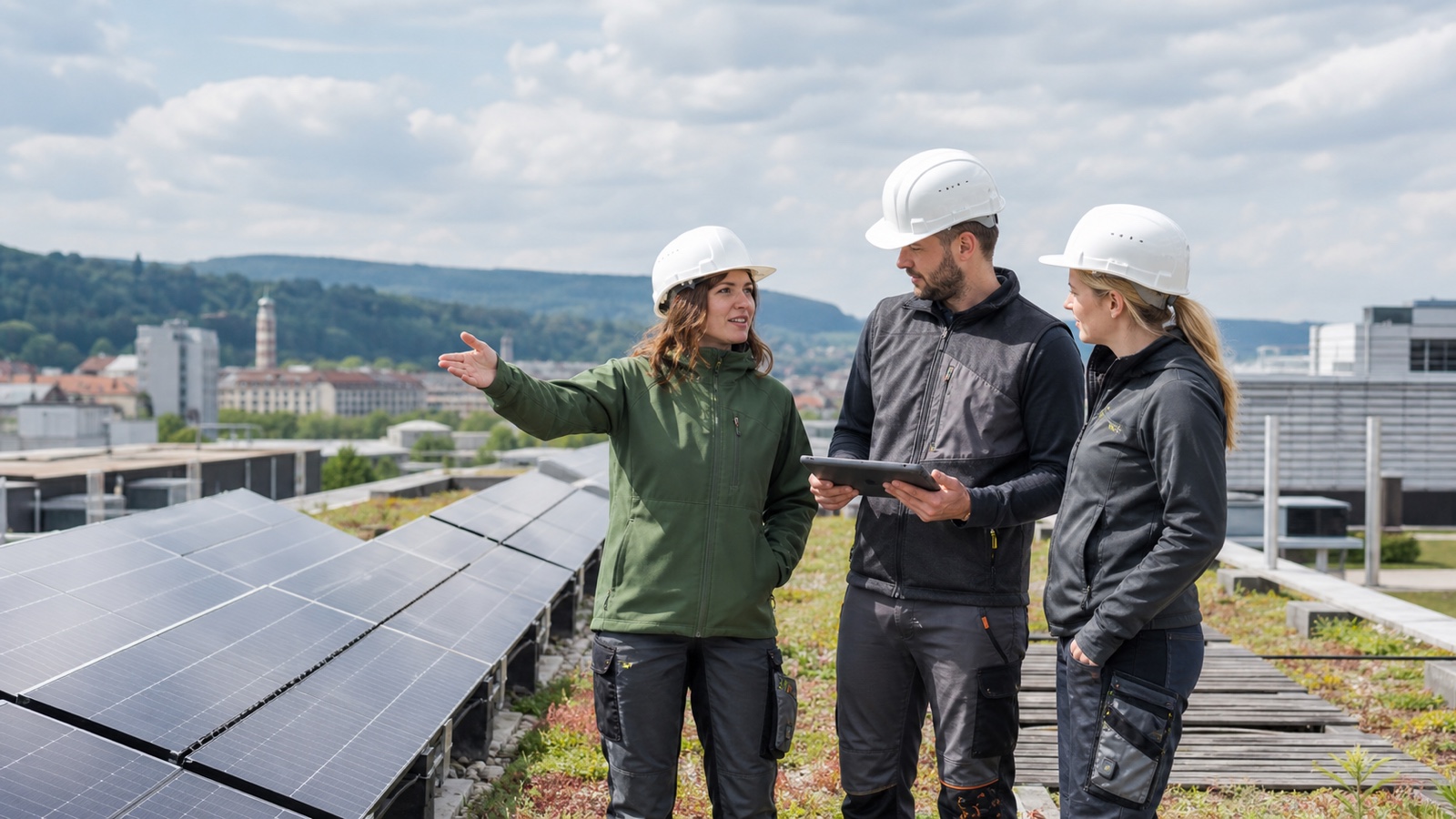 Fachkräfte besprechen eine Photovoltaik-Anlage auf einem begrünten Dach in Österreich