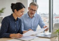 Bewerberin bespricht offene Stellen und Bewerbungsunterlagen mit einem Karriereberater in einem österreichischen Büro